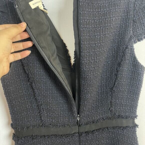 Rebecca Taylor Navy/Black Tiered Tweed Knit Fit & Flare Cap Sleeve Dress 4 - Picture 9 of 13